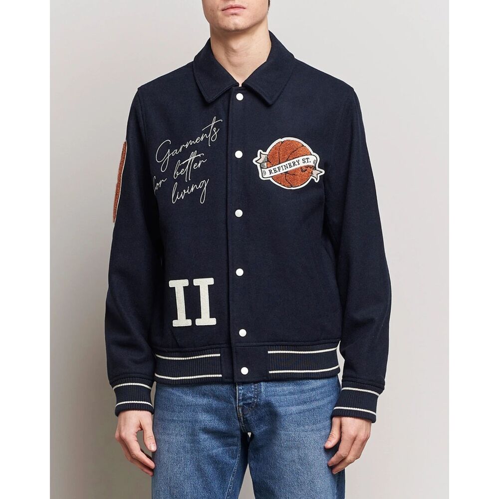 LES DEUX Varsity Jacket Mens XL Navy Snap Button Wool Basketball Sneakers $439